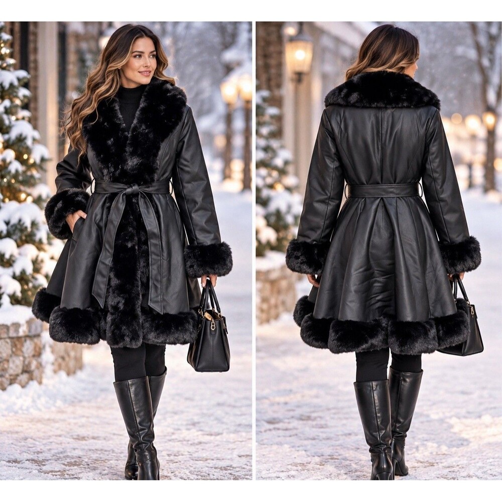 Winter Warm Faux Fur Leather Collar Women’s Jacket With Pockets And Belt Size M